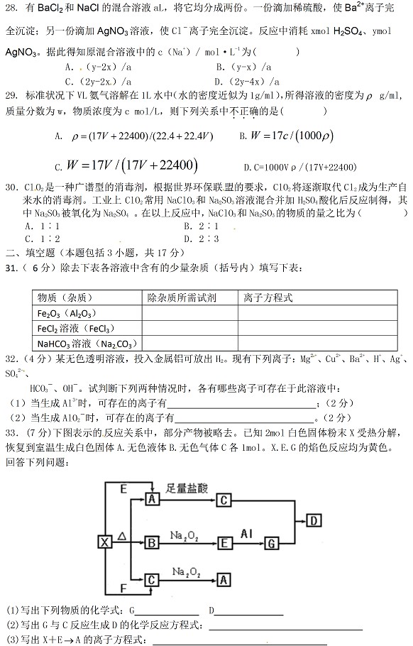 哈尔滨市第六中学2010-2011上学期期末考试高一化学试题