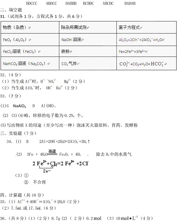 哈尔滨市第六中学2010-2011上学期期末考试高一化学试题