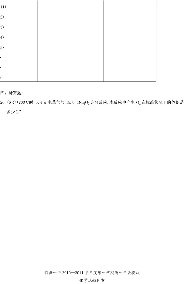 临汾一中2010-2011第一学期高一年级模块化学试题