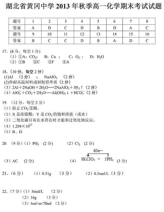 黄冈中学2013年秋季高一化学期末考试试题