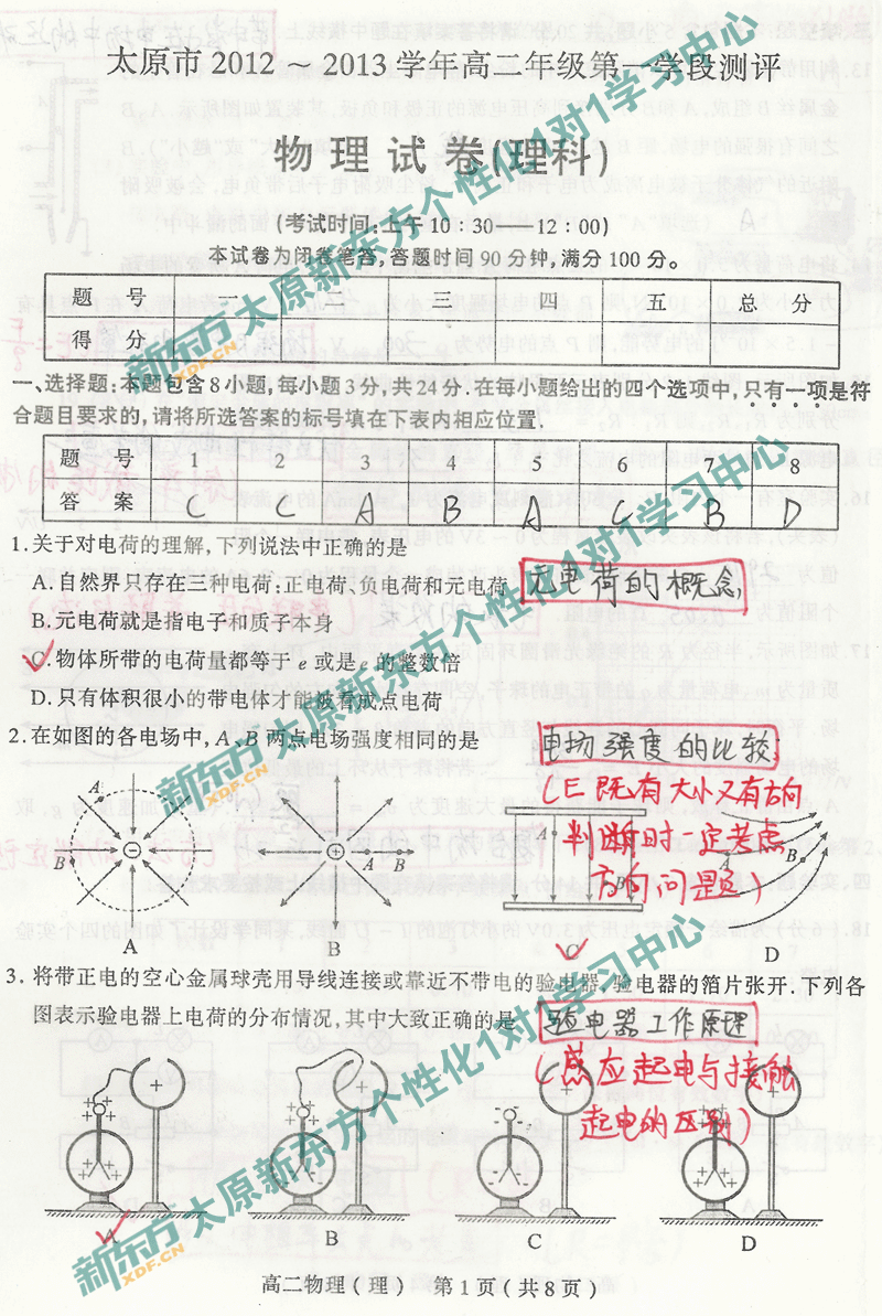 太原高二物理理科期中考试试卷分析