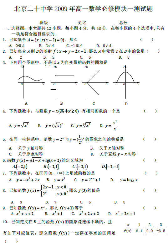 北京二十中2009年高一上学期必修一考试数学试卷